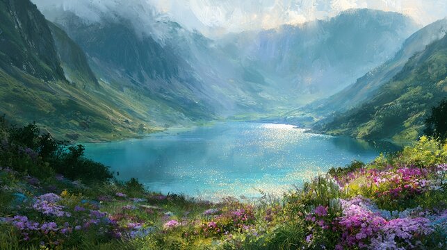 Sparkling gold dust on water surface. airy and light composition. majestic mountain lake surrounded by blooming wildflowers and misty green valleys