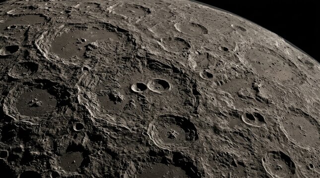 The Surface of the Moon: A detailed, close-up view of the lunar surface, showcasing its rugged terrain covered in numerous craters of varying sizes.