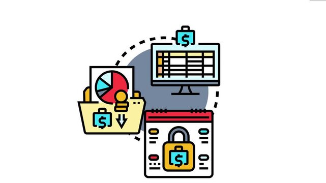 Financial management system organizing expenses, tracking budget, and securing future investments using a monitor, folder with charts, and a locked calendar