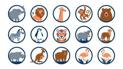 Naklejka premium Vector Cute cartoon wild animals collection in round frames. EPS Editable