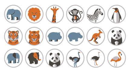 Naklejka premium Vector Cute cartoon wild animals in round icons set vector illustration. EPS Editable