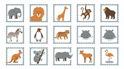 Naklejka premium Vector Cute cartoon wild animals in postage stamps set. EPS Editable