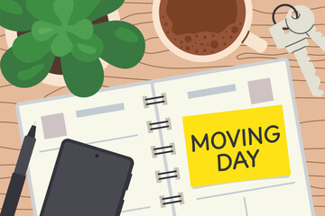 Naklejka premium calendar with Moving Day note and plant, coffee cup, pen, smartphone, keys; perfect for moving, relocation, packing, home organization, planning and lifestyle concepts - vector illustration