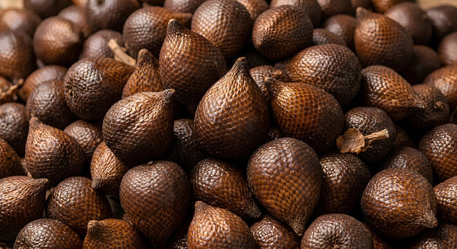Pile of fresh ripe snake fruits (salak) or salak with scaly brown skin, stacked tightly at a tropical fruit market display