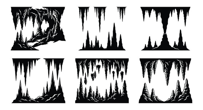 Cave stalactite and stalagmite formations black vector illustration on white