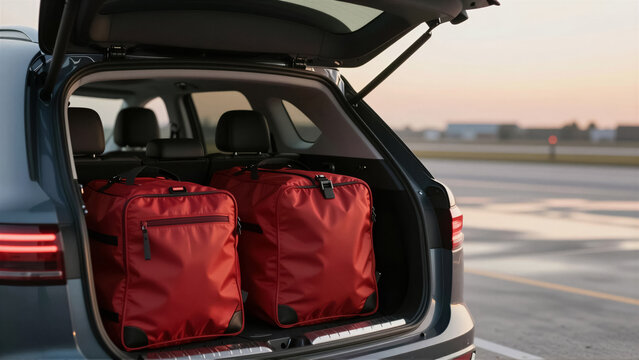Close-up of red luggage packed inside the open trunk of a modern SUV at an airport. Detailed view of travel gear ready for a road trip vacation during sunset