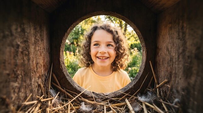 A cheerful young girl with curly hair looks out with a joyful expression through a round wooden opening. The foreground features rustic straw, hay, and feathers, while the warm, sunny green garden...