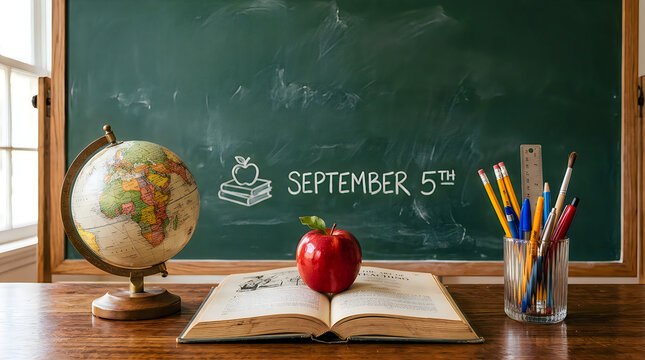 Back to school concept with apple, books, and chalkboard on september 5th