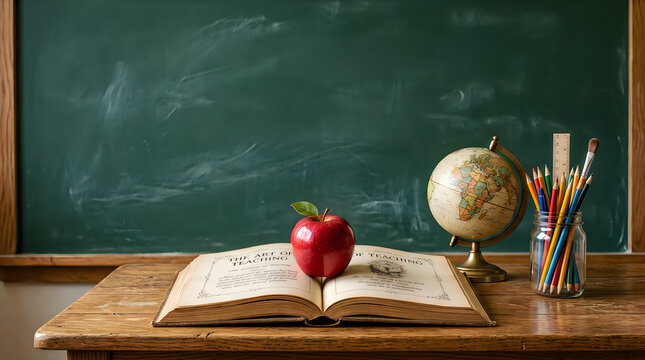 Open book with red apple and glowing light bulb on wooden desk