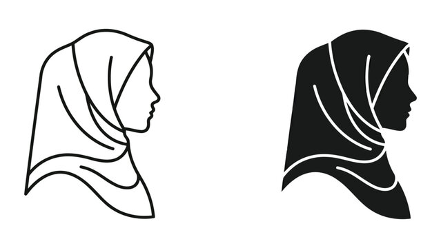 Woman wearing hijab profile silhouette icon set with headscarf, religion