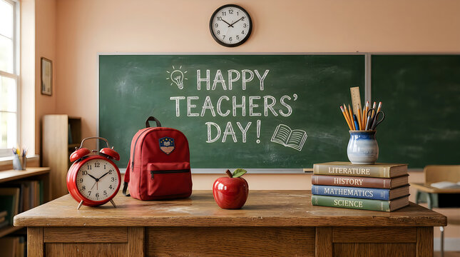 Happy teachers day celebration in classroom with chalkboard and supplies