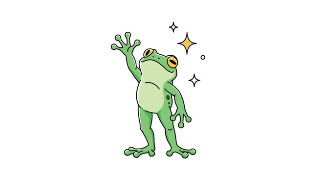 Adorable green cartoon frog standing upright and waving its hand while surrounded by bright sparkles and stars on a plain white background.
