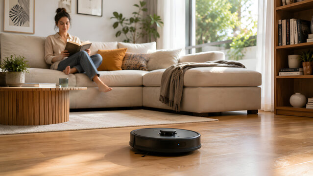 Robotic Vacuum Cleaner Working in Modern Living Room 