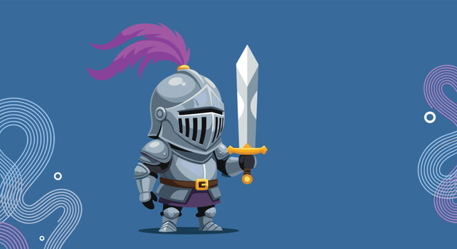 Brave little knight in shining silver armor and a purple feathered helmet proudly holds a sword against a stylized blue background.