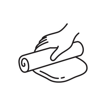 Minimal line art icon showing a hand using a rolling pin to flatten a clay slab.
