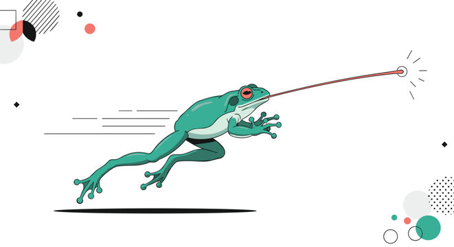 Energetic green frog captured in mid-air as it jumps to catch an insect using its long sticky red tongue on a white background.