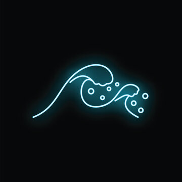 Ocean wave line art glowing in blue neon light on a dark background
