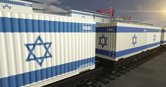Israel export import and production containers on a freight wagons loop. Business concept of railway train transport and shipping with a Israeli flag. 3D loopable and seamless animation.