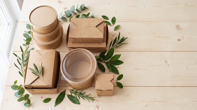 Blank eco-friendly food packaging made from recycled cardboard. Sustainable zero waste lifestyle and natural mockup concept.