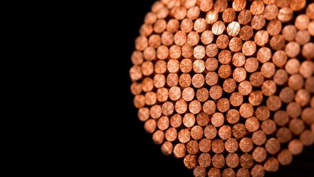 Extreme Macro of Cut Copper Wire Bundle Conductor Ends