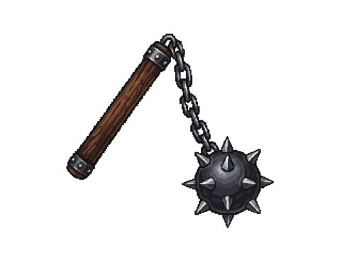 A medieval flail weapon featuring a spiked iron ball and wooden handle.