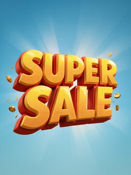 3d super sale text with floating gold coins on blue background