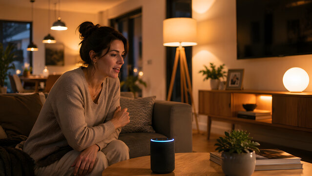 Woman Controlling Smart Home Lighting with Voice Assistant