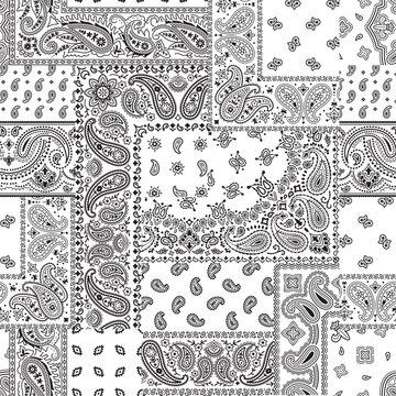 Black and white paisley bandana fabric patchwork abstract vector seamless pattern for scarf kerchief shirt fabric wallpaper tablecloth pillow shawl 