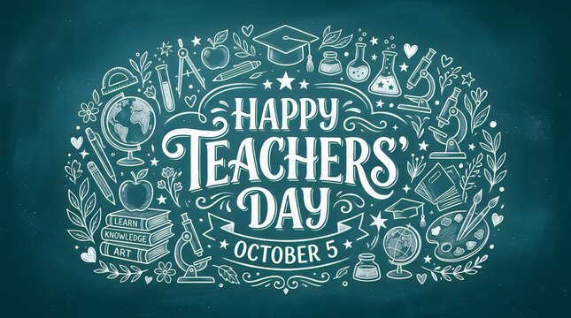 Happy teachers day chalk drawing with science and education icons