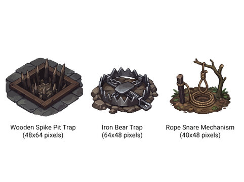 Set of three detailed fantasy game trap assets including a spike pit bear trap and rope snare.