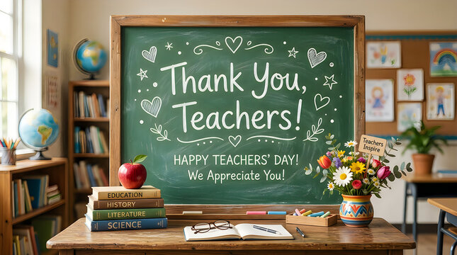 Thank you teachers message on chalkboard in classroom with books and flowers