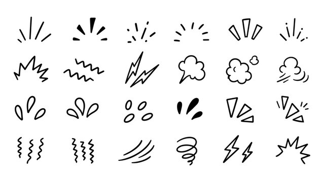 Hand Drawn Comic Effect Elements Set with Doodle Motion Lines