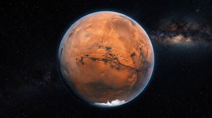 Obraz premium Mars: The Red Planet, a celestial body in our solar system, stands majestically against the cosmic backdrop of stars and nebulae.