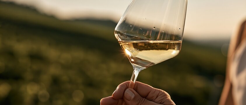 Sundrenched white wine glows golden as a hand raises the glass against lush green hills at dusk. Perfect for winery branding, lifestyle dining, luxury travel, and gourmet editorial use.