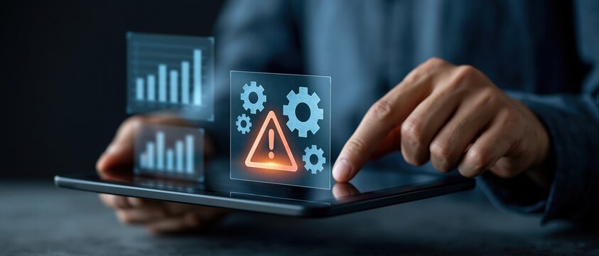 IT professional managing a critical system error alert on a tablet, with glowing warning triangle and gear holograms floating above. Ideal for cybersecurity, risk management, and tech.