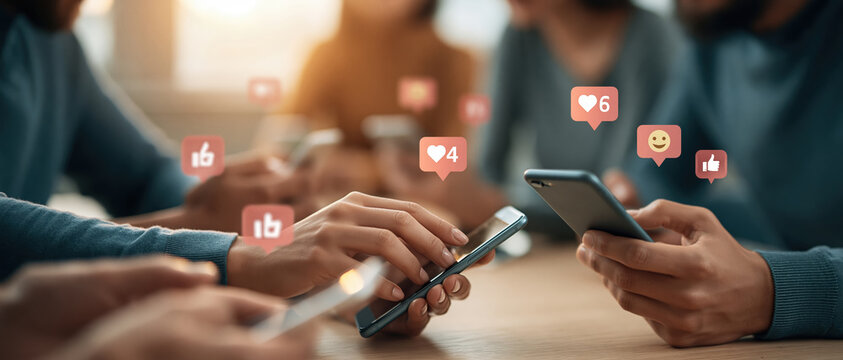 Friends scrolling social feeds together as likes, hearts, and emoji notifications float above their phones. Perfect for digital marketing, influencer culture, connectivity, and app.