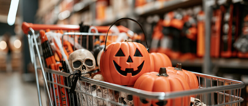 Retail ready Halloween concept shopping cart packed with jackolantern bucket, plastic skulls, and orange pumpkins in a store aisle. Perfect for seasonal retail, holiday marketing, and.