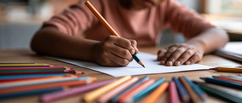 Creative focus captured closeup as a young child grips a colored pencil, surrounded by vibrant scattered pencils on a wooden desk. Perfect for education, art, and childhood development.