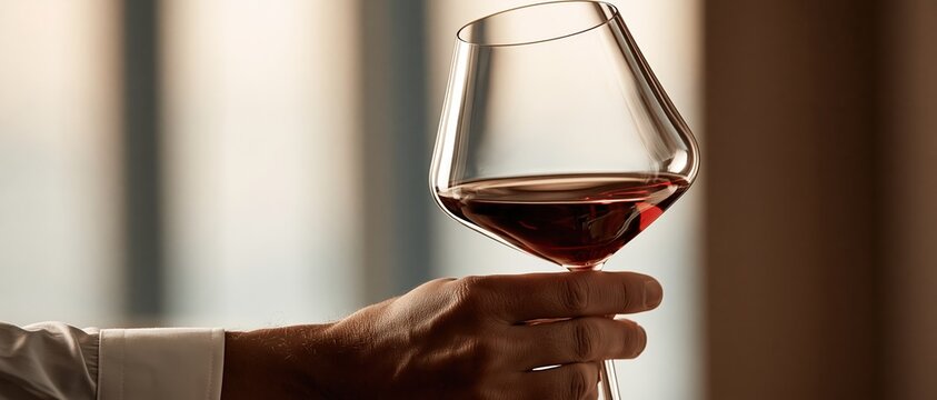 Refined luxury dining moment expert hand in white cuff swirls deep red wine in a crystal Bordeaux glass. Perfect for wine brands, restaurant menus, gourmet lifestyle campaigns.