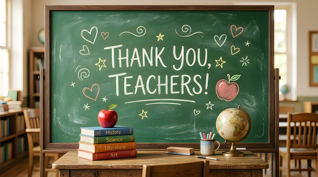 Thank you message for teachers on green chalkboard in classroom