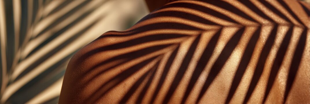 Tropical palm leaf shadows stripe across bronzed, luminous skin evoking sun soaked luxury, summer wellness, and selfcare. Perfect for beauty campaigns, tanning, skincare, and resort.