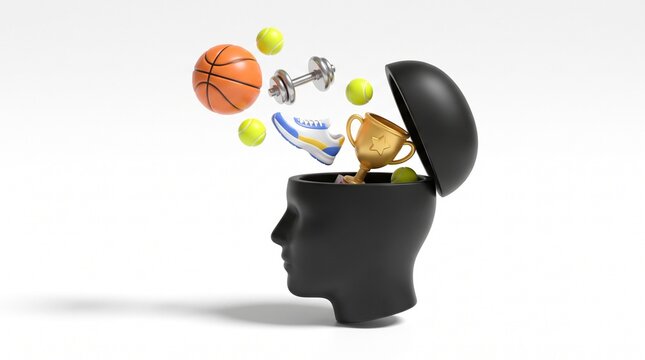 Black Head Silhouette with Basketball, Trophy and Dumbbell Bursting Out, Sports and Fitness Concept