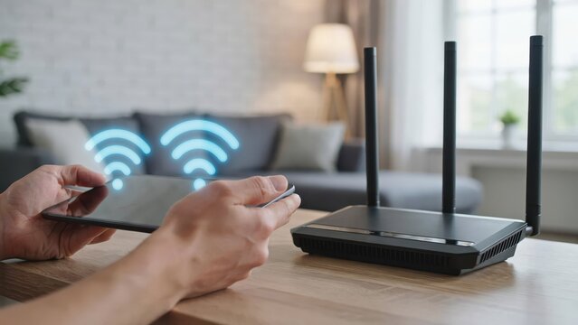 A person holds a digital tablet connecting to a wireless router at home. Ideal for high-speed internet and home connectivity concept photography.