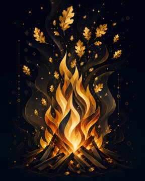 Vibrant Autumn Bonfire Illustration Featuring Golden Glowing Oak Leaves Dancing Amidst Swirling Flames Against A Deep Midnight Background