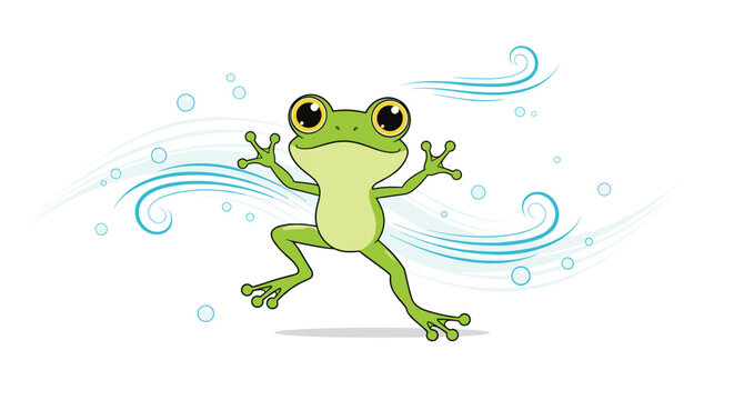 Joyful green frog jumps through the air surrounded by stylized wind swirls and floating bubbles in a playful scene.