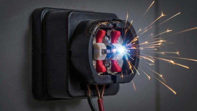 A damaged electrical wall socket emits bright sparks and electrical arcs. Useful for representing fire hazards, short circuits, or industrial electrical safety risks.