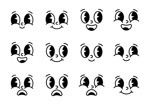 A collection of twelve vintage cartoon faces with various expressions.