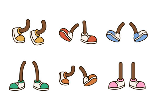 Collection of cartoon character legs with various colorful shoes in different poses.