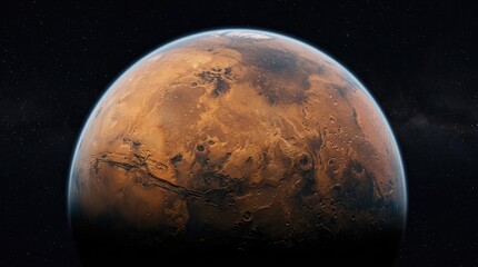 Obraz premium The Red Planet: Mars, the fourth planet from the sun, dominates the frame with its rust-colored surface and distinct atmospheric haze, inviting contemplation of our solar system and beyond.