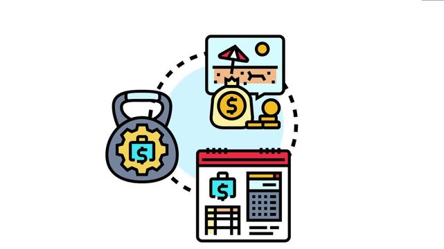 Budgeting cycle rollover concept presenting a calendar for financial planning, a kettlebell for investment effort, and a money bag for savings towards future goals